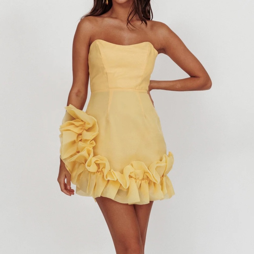 NWT Angel Biba Small Frill Accent Mini Dress Strapless Yellow Lemon